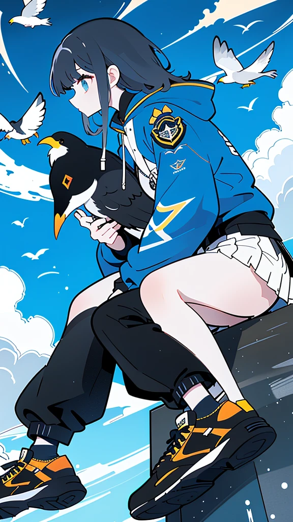 Masterpiece, intricately details,Best quality, 1girll, Solo, Bird, Hood, Sitting, Long hair, shoes, Jacket, blackfootwear, Hood down, animal on shoulder, whaite hair, Animal, blue jacket, Sneakers, sign, Cloud, bangs, Long sleeves, From the side Side, Hoodie, profile, Outdoors, bird on shoulder, sky, jaqueta com capuz