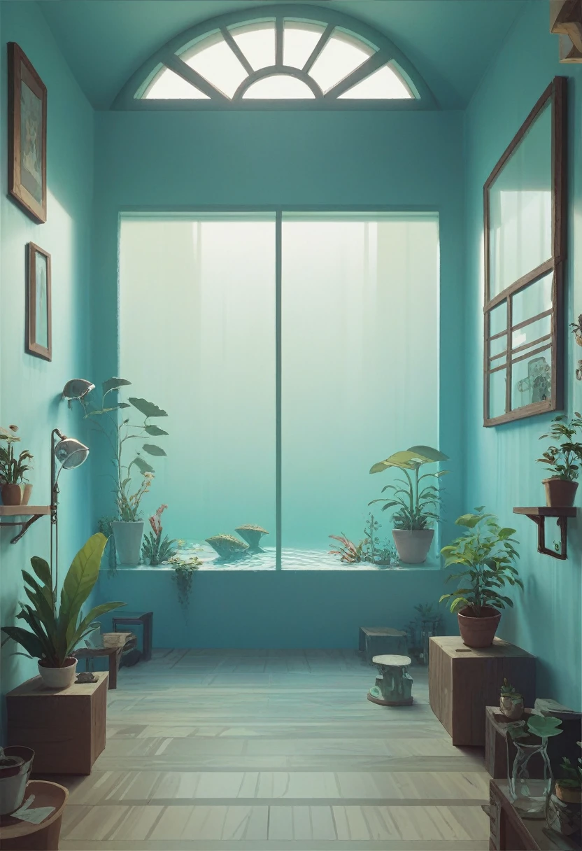 aquarium, room, simple room concept, white transparent walls, pretty room, walls mad of glass, water, caustics, light shining through window,