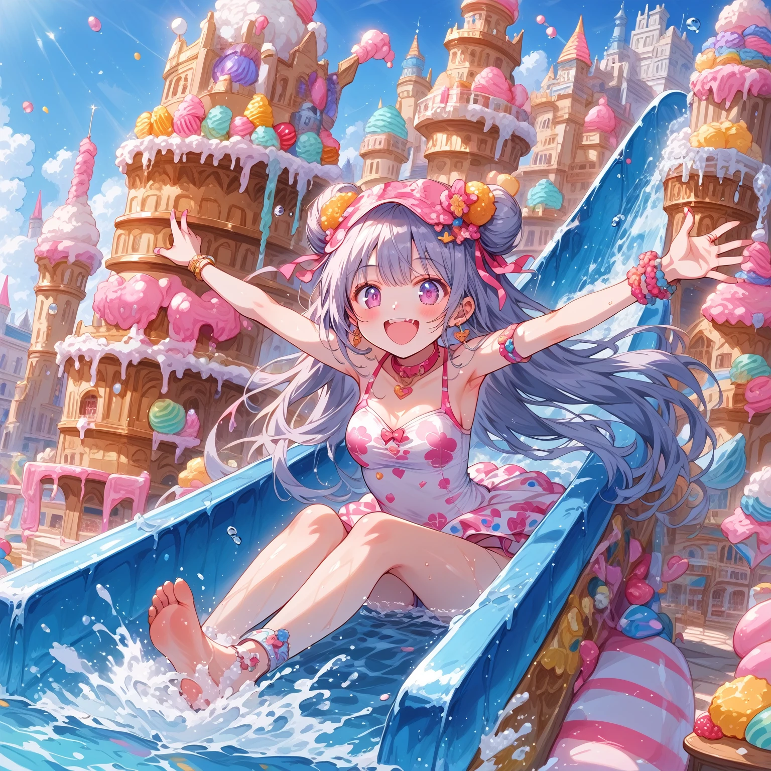 score_9, score_8_up, score_7_up, source_anime,masterpiece, best quality, high resolution, extremely detailed CG, absurdres, highres, A dreamy water park, all the buildings are made of ice-cream, ice cream castle, colorful, girl in swimsuit is sliding down the water slide, happy, neondskdrmsxl, babycreamxl