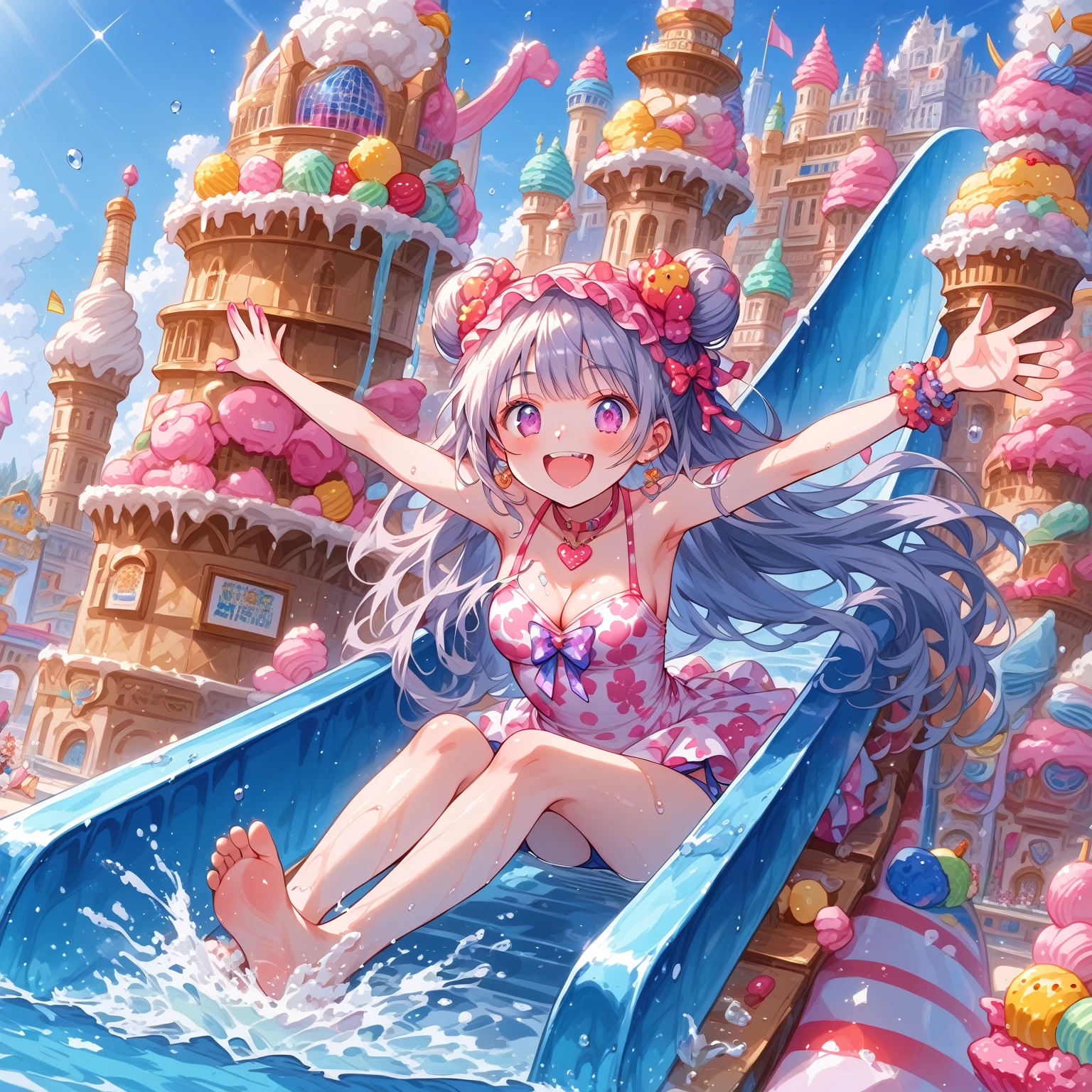 score_9, score_8_up, score_7_up, source_anime,masterpiece, best quality, high resolution, extremely detailed CG, absurdres, highres, A dreamy water park, all the buildings are made of ice-cream, ice cream castle, colorful, girl in swimsuit is sliding down the water slide, happy, neondskdrmsxl, babycreamxl