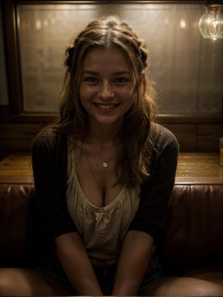 Pub scene in warm colors: cozy space, soft lighting casting delicate shadows. A happy European pretty woman sits in the center, her messy French braid cascading down one side of her face. Her bright and contagious laugh radiates as she directly addresses the viewer. There's a glass of cold beer next to her.