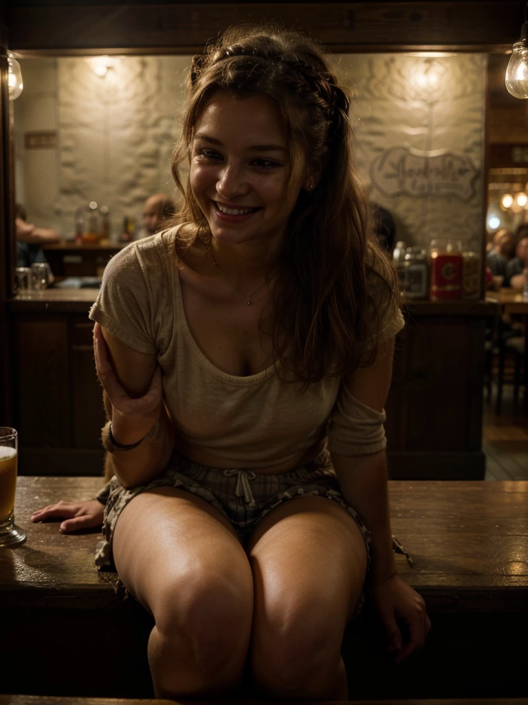 Pub scene in natural colors: cozy space, soft lighting casting delicate shadows. A happy European pretty woman sits in the center, her messy French braid cascading down one side of her face. Her bright and contagious laugh radiates as she directly addresses the viewer. There's a glass of cold beer next to her.