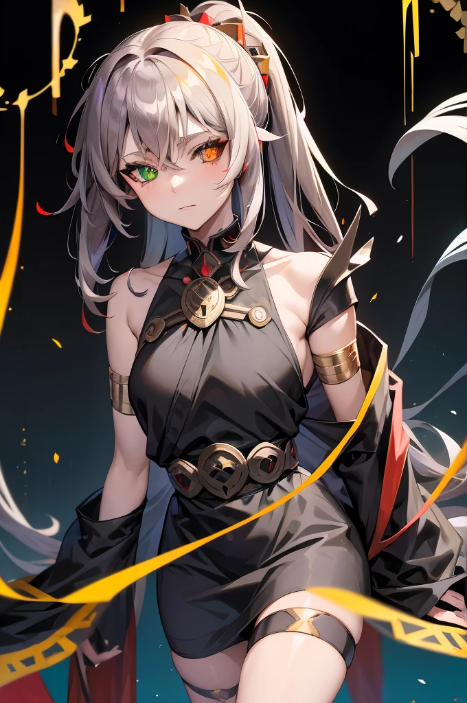 Female, Anime, Heterochromia, Melinoë from Hades II, black long hair, ponytail, greek style toga, "red eye on black sclera", small bust size, "green eye on white sclera",