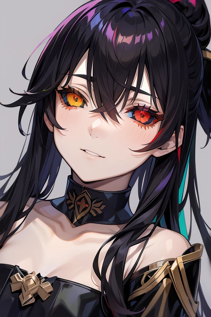 Female, Anime, Heterochromia, Melinoë from Hades II, black long hair, ponytail, greek style toga, "red eye on black sclera", small bust size, "green eye on white sclera",