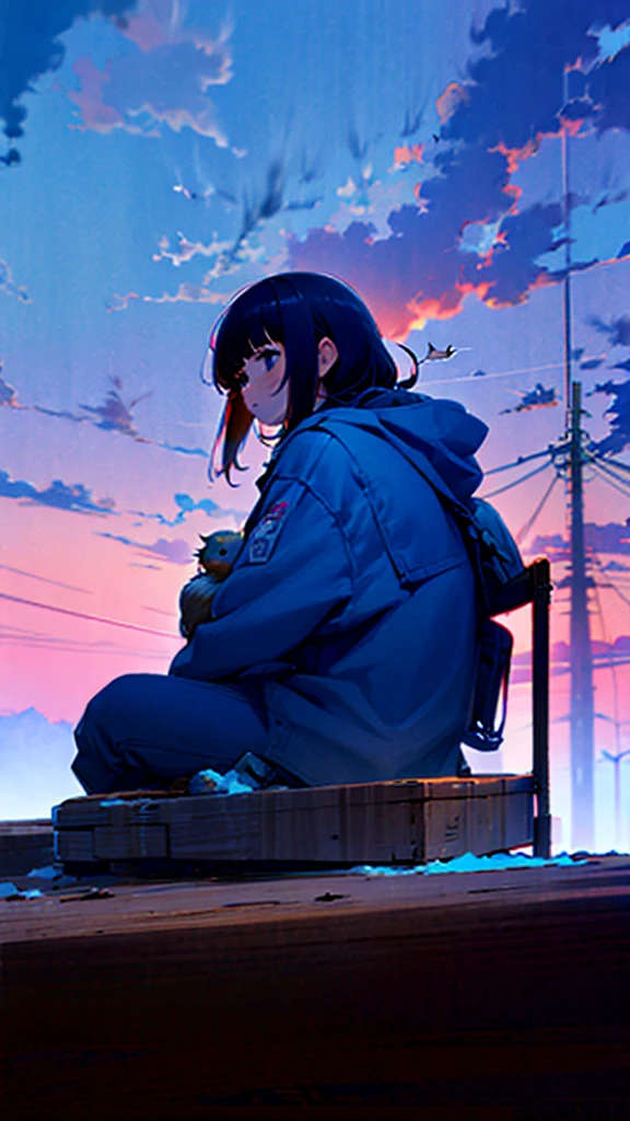 Masterpiece, intricately details,Best quality, 1girll, Solo, Bird, Hood, Sitting, Long hair, shoes, Jacket, blackfootwear, Hood down, animal on shoulder, whaite hair, Animal, blue jacket, Sneakers, sign, Cloud, bangs, Long sleeves, From the side Side, Hoodie, profile, Outdoors, bird on shoulder, sky, jaqueta com capuz