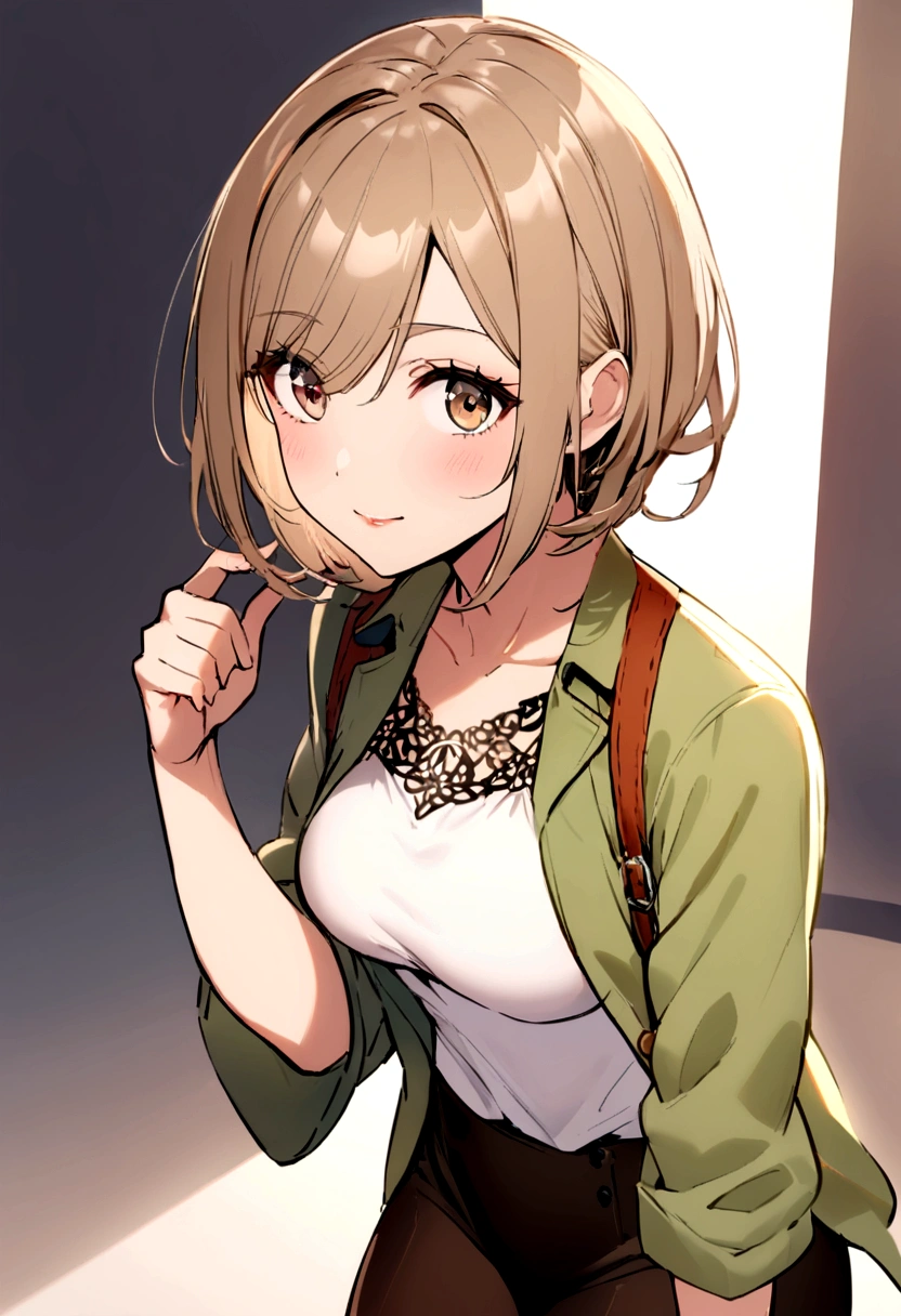 girl ,long light brown hair , just like your eyes with casual clothes ,teacher,sexy with powers of light and life