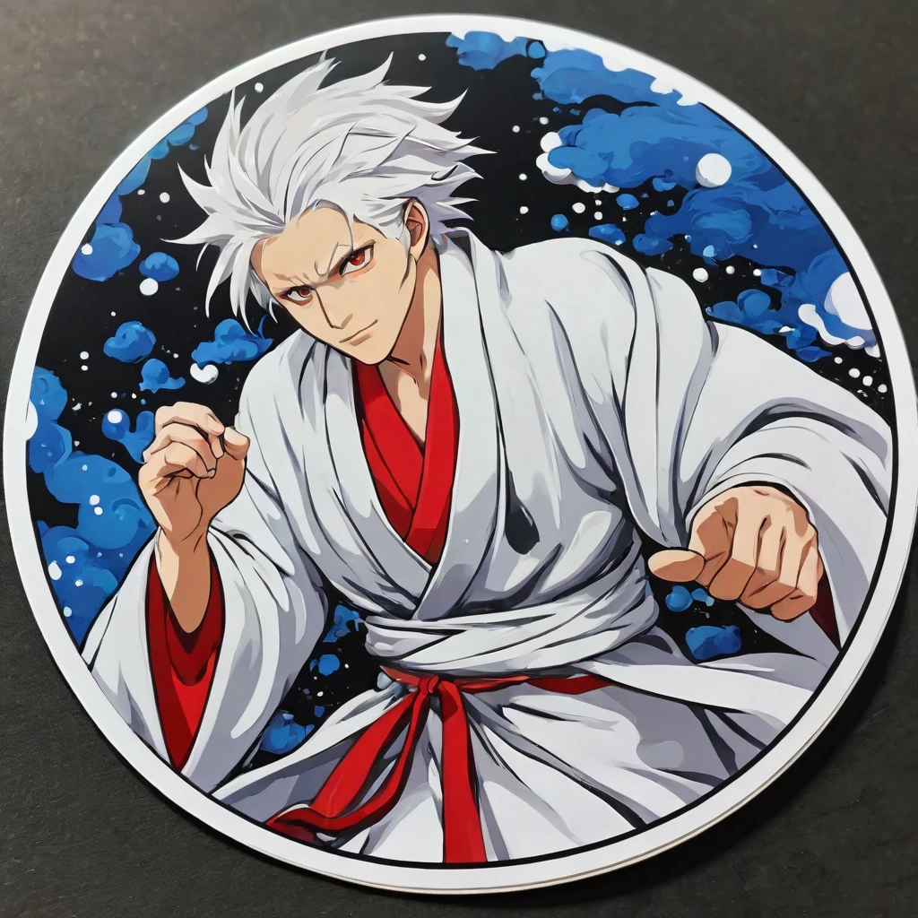 (a sticker,),(3D anime gojo),snow-white hair,(In circlerown background), (pollock border)(oil painting style), ultra - detailed, best quality, Detailed diagram, male character, jujutsu kaisen, vectorized, 8K, Professional a sticker design, Graphic design, vector lines, a sticker, Full-HD