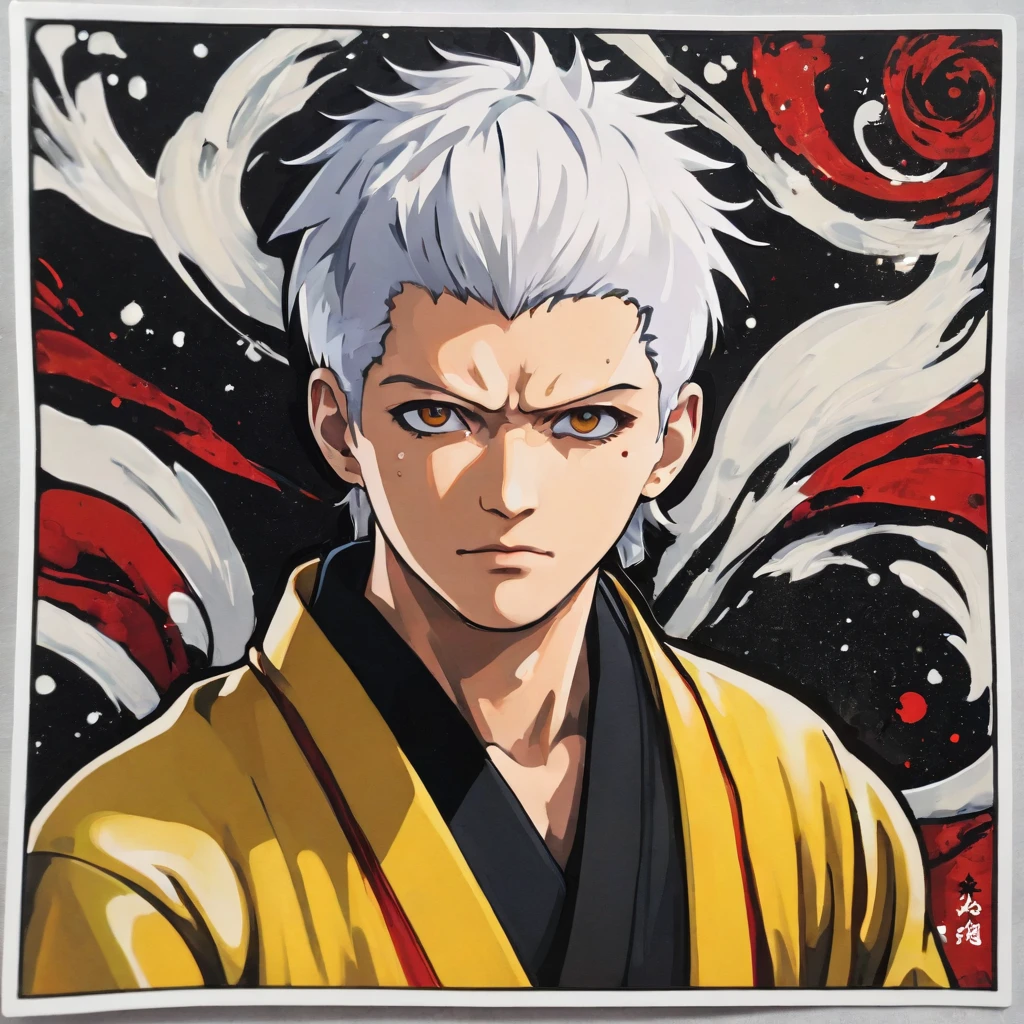 (a sticker,),(3D anime gojo),snow-white hair,(In circlerown background), (pollock border)（oil painting style）， ultra - detailed, best quality, Detailed diagram, male character, jujutsu kaisen, vectorized, 8K, Professional a sticker design, Graphic design, vector lines, a sticker, Full-HD