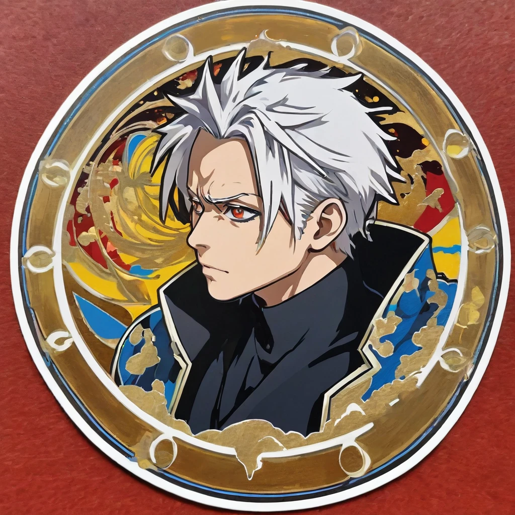(a sticker,),(3D anime gojo),snow-white hair,(In circlerown background), (pollock border)(oil painting style), ultra - detailed, best quality, Detailed diagram, male character, jujutsu kaisen, vectorized, 8K, Professional a sticker design, Graphic design, vector lines, a sticker, Full-HD