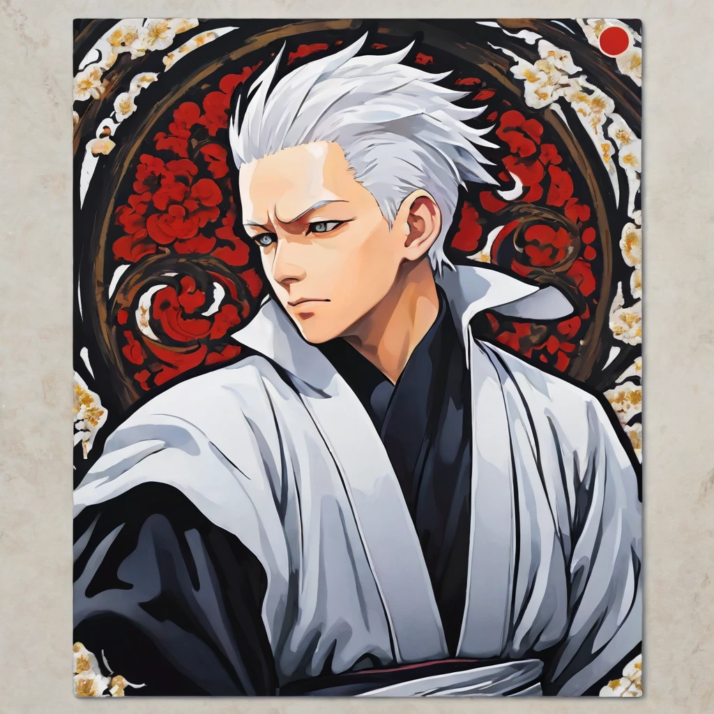 (a sticker,),(3D anime gojo),snow-white hair,(In circlerown background), (pollock border)（oil painting style）， ultra - detailed, best quality, Detailed diagram, male character, jujutsu kaisen, vectorized, 8K, Professional a sticker design, Graphic design, vector lines, a sticker, Full-HD