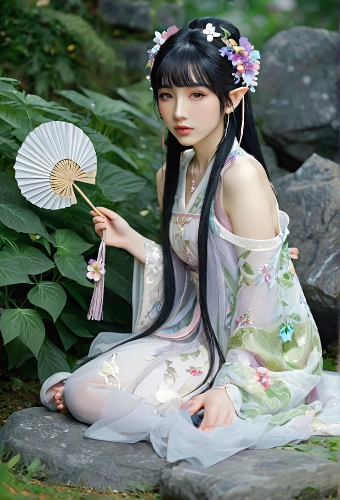 beautiful Japanese elf, (elf ears)perfect and angelic face, long black hair, (decorated with flowers) fringe, full body, holding a fan, wearing a beautiful short tight dress made of leaves,she's sitting on stone surrounded by sparkling flowers (high quality),(refined details)
