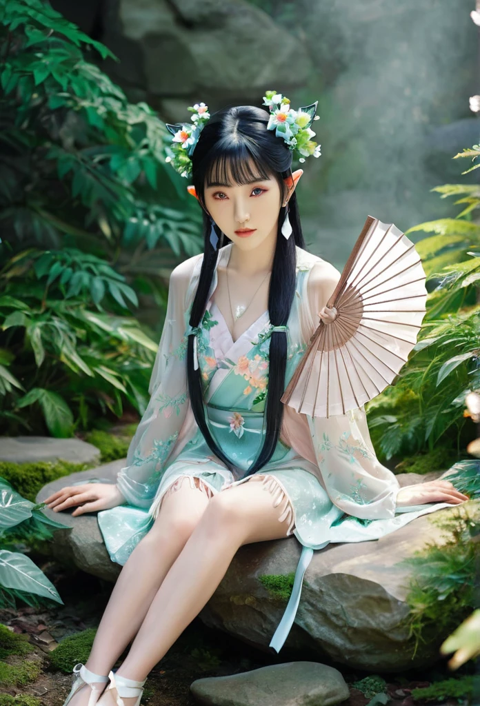 beautiful Japanese elf, (elf ears)perfect and angelic face, long black hair, (decorated with flowers) fringe, full body, holding a fan, wearing a beautiful short tight dress made of leaves,she's sitting on stone surrounded by sparkling flowers (high quality),(refined details)
