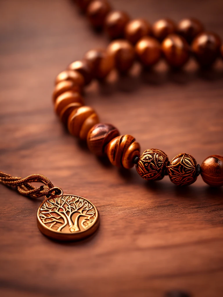 a prayer beads cord of brown beads with metallic medal carved with a tree, on a table, focus in the medal