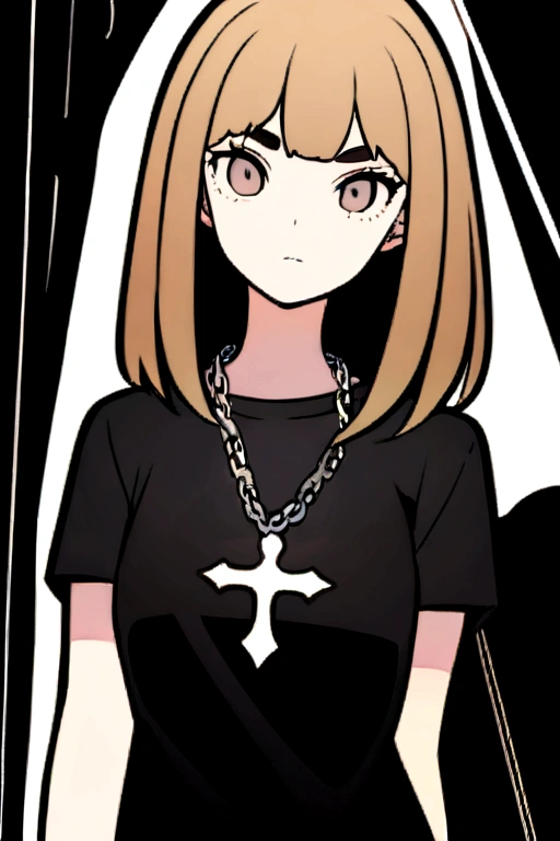 ((Create an image in the style of an icon, showing from the torso up)). The figure should be a young woman around 20 years old, with a youthful appearance. She has fair skin, a delicate, narrow nose with small nostrils, and a fine, rounded, delicate chin. Her hair is dark blonde, curly, and reaches her shoulders. Her lips are thin, rosy, and well cared for. Her eyebrows are thin and dark blonde, while her eyes are a dark blue shade, medium-sized, with long, fine eyelashes. Around her neck, she wears a small silver chain with a crucifix. She is wearing a black T-shirt with the logo of the band 'Morbid' in white, featuring stylized, jagged, and scratched letters. The bat in the logo has a black interior and a white outline.