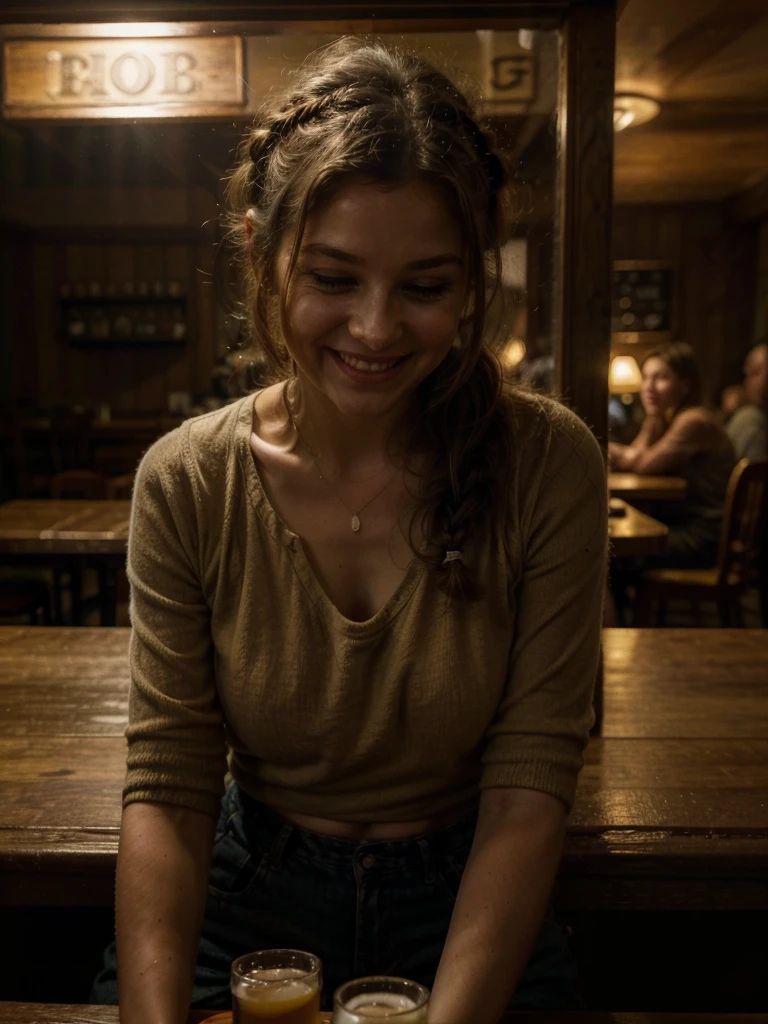 Pub scene in warm colors: cozy space, soft lighting casting delicate shadows. A happy European pretty woman sits in the center, her messy French braid cascading down one side of her face. Her bright and contagious laugh radiates as she directly addresses the viewer. There's a glass of cold beer next to her.