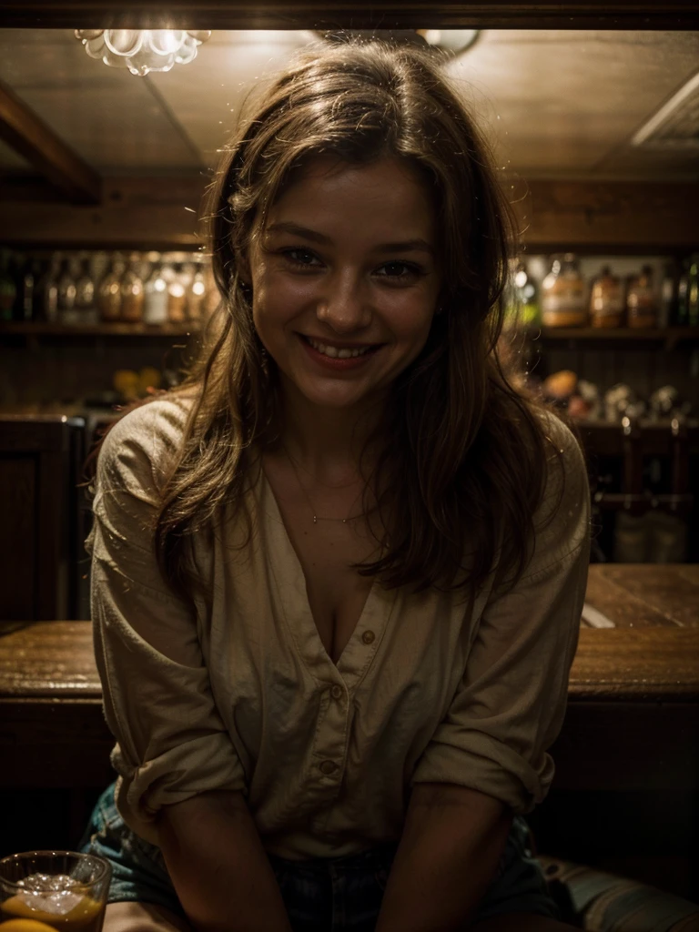 Pub scene in warm colors: cozy space, soft lighting casting delicate shadows. A happy European pretty woman sits in the center, her messy French braid cascading down one side of her face. Her bright and contagious laugh radiates as she directly addresses the viewer. There's a glass of cold beer next to her.