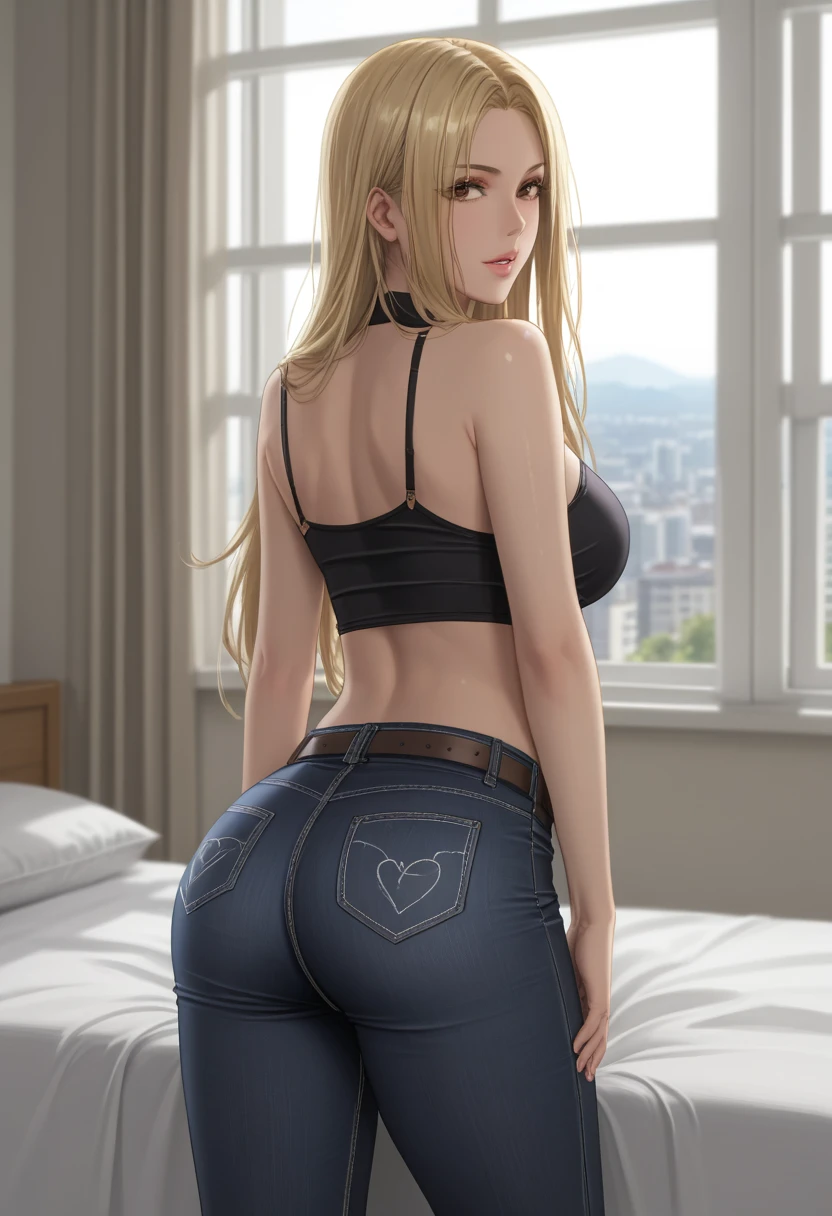 score_9_up, score_8_up, score_7_up, 1girl, solo, mature female,((Tsukumo Yuki)), ((blonde long hair)), brown eyes, pink lips, parted lips, fit slim body,(((perfect erected medium breast))) (((black tight top, tight jeans, belt))), (((highly detailed bedroom, window, bed))), perfect fit model body, showing her ass, seductive pose, lewd look, (((from behind)))(((close ass look)))