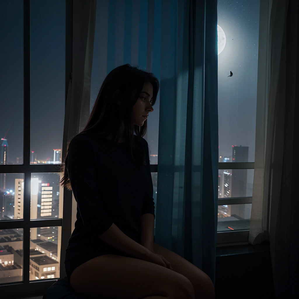 a woman sitting in window of an appartment located in Dubai on a very dark night, waits for her lover to return and she looks sadly