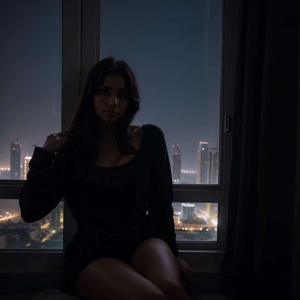 a woman sitting in window of an appartment located in Dubai on a very dark night, waits for her lover to return and she looks sadly