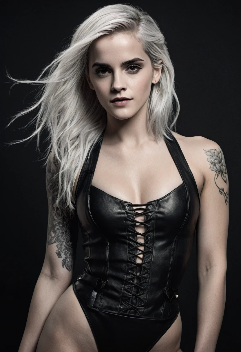 Emma Watson, beautiful woman, very feminine and delicate, with long white hair, seductive appearance, bodybuilder with tattoos, black background, graphite drawing art style, subtle tones, delicate shading, precise detailing, fine textures, expressive lines, intricate compositions, timeless elegance, professional-grade finish, immersive depth, classic aesthetic, Bikini fashion style, bikini, reflects a sense of freedom and liberation, Goth fashion style, characterized by dark and dramatic clothing choices, often includes black clothing, lace, leather, and Victorian-inspired elements, promotes a sense of mystery and theatricality, celebrates beauty in the macabre, encourages self-expression and embracing the unconventional