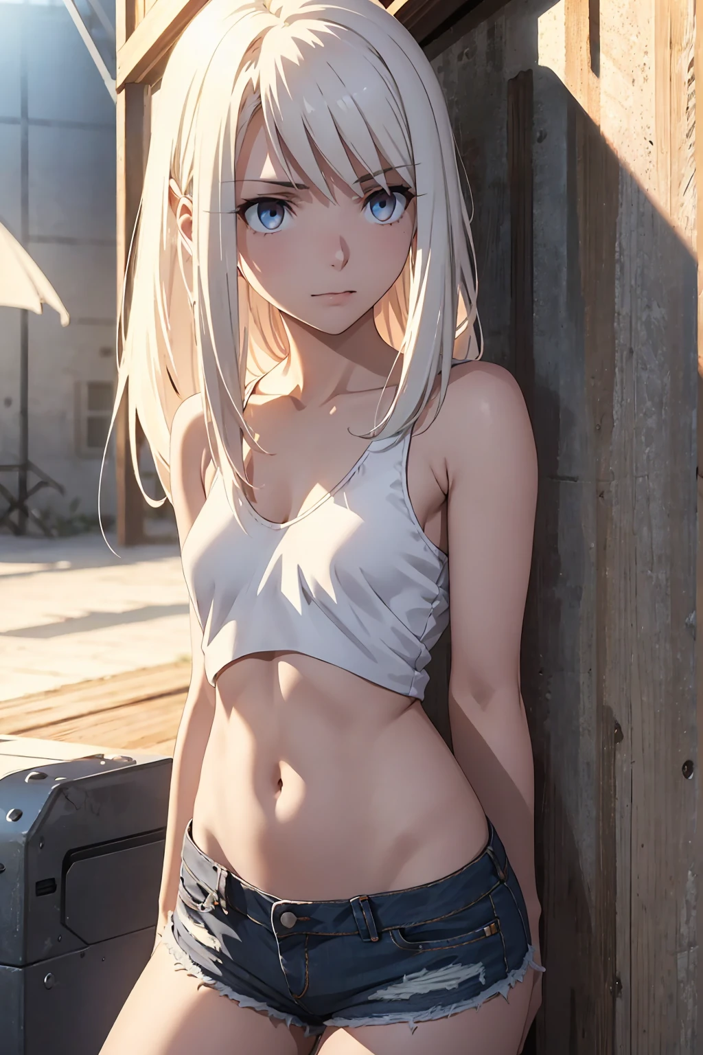 {{Red colored eyes}}++ Browsing Caution (Highest quality:1.5, High resolution, 超High resolution, 4K, Detailed lighting, Shaders)(masterpiece:1.2), Very detailed, Illyasviel von Einzbern {{Red colored eyes}}++ alone, Cowboy Shot,Long Hair, Gray Hair, Red eyes, A small white tank top Denim shorts M-shaped foot sneer Beautiful beach Realistic sun rays topless Completely naked Roll up your shirt Sweat Outdoor