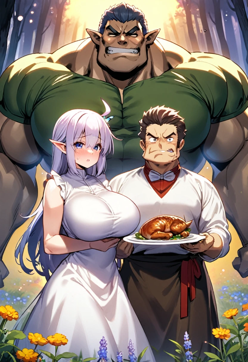 Light novel cover style, detailed. best quality, art, detailed face, in the style of Lora Marvin. A muscular warrior with a pointed chin stands next to a plump elf girl with large breasts, next to the girl is a wrinkled old wizard dressed as a wizard.
(the background is a forest, bright butterflies the size of dinner plates fluttered, a majestic unicorn pranced through a field of wildflowers)