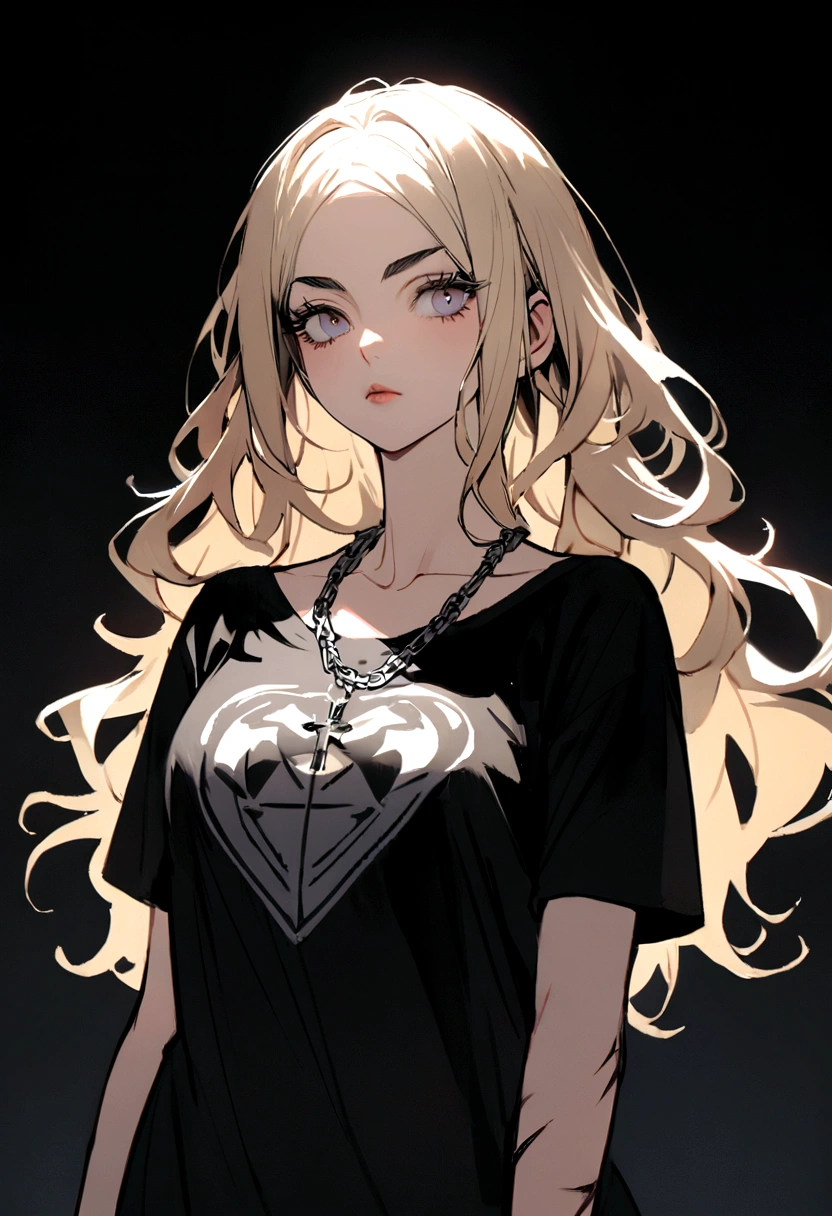 ((Create an image in the style of an icon, showing from the torso up)). The figure should be a young woman around 20 years old, with a youthful appearance. She has fair skin, a delicate, narrow nose with small nostrils, and a fine, rounded, delicate chin. Her hair is dark blonde, curly, and reaches her shoulders. Her lips are thin, rosy, and well cared for. Her eyebrows are thin and dark blonde, while her eyes are a dark blue shade, medium-sized, with long, fine eyelashes. Around her neck, she wears a small silver chain with a crucifix. She is wearing a black T-shirt with the logo of the band 'Morbid' in white, featuring stylized, jagged, and scratched letters. The bat in the logo has a black interior and a white outline.