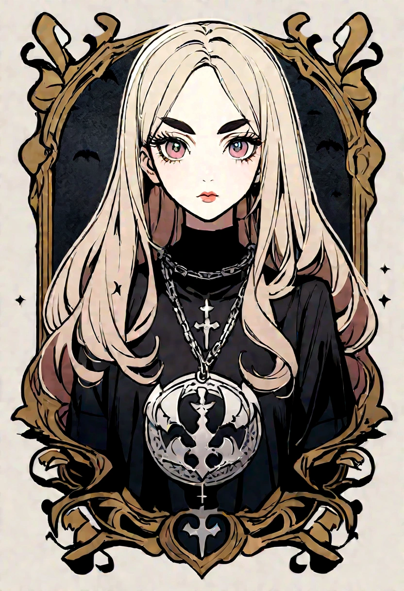 ((Create an image in the style of an icon, showing from the torso up)). The figure should be a young woman around 20 years old, with a youthful appearance. She has fair skin, a delicate, narrow nose with small nostrils, and a fine, rounded, delicate chin. Her hair is dark blonde, curly, and reaches her shoulders. Her lips are thin, rosy, and well cared for. Her eyebrows are thin and dark blonde, while her eyes are a dark blue shade, medium-sized, with long, fine eyelashes. Around her neck, she wears a small silver chain with a crucifix. She is wearing a black T-shirt with the logo of the band 'Morbid' in white, featuring stylized, jagged, and scratched letters. The bat in the logo has a black interior and a white outline.