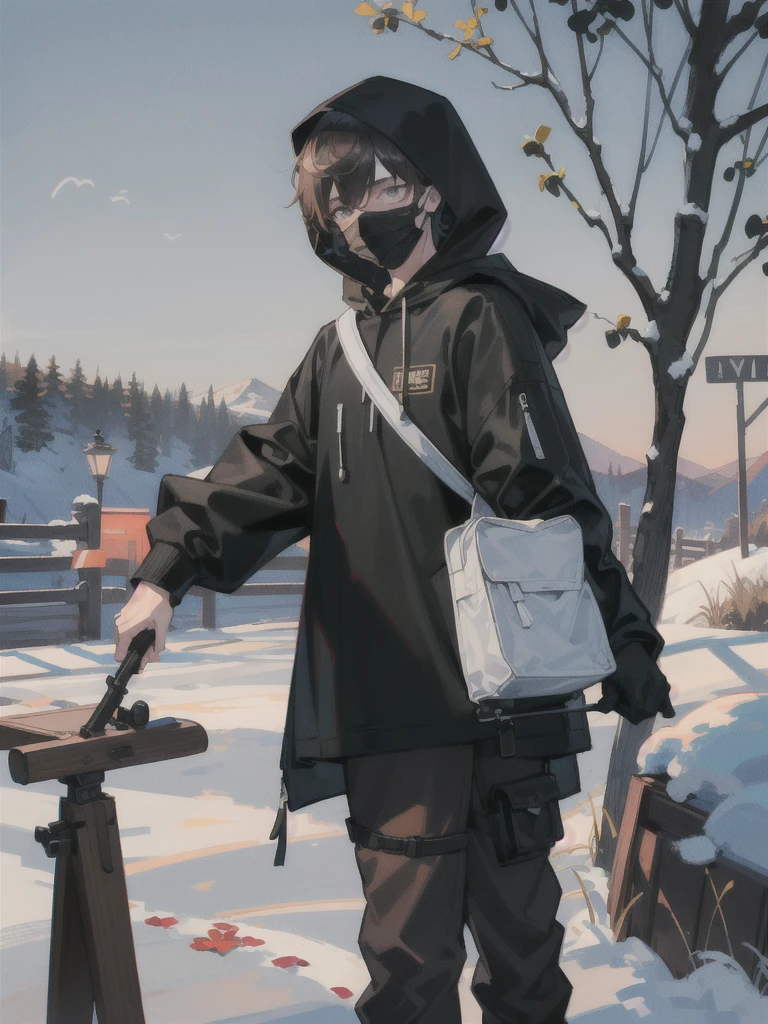 ((best quality)), ((masterpiece)), (detailed), ((man)), (boy), ((sniper)), (애쉬그레이 머리카락), (black hood), ((mask up)), (lonley), ((chic)), (snow), (syberfunk)