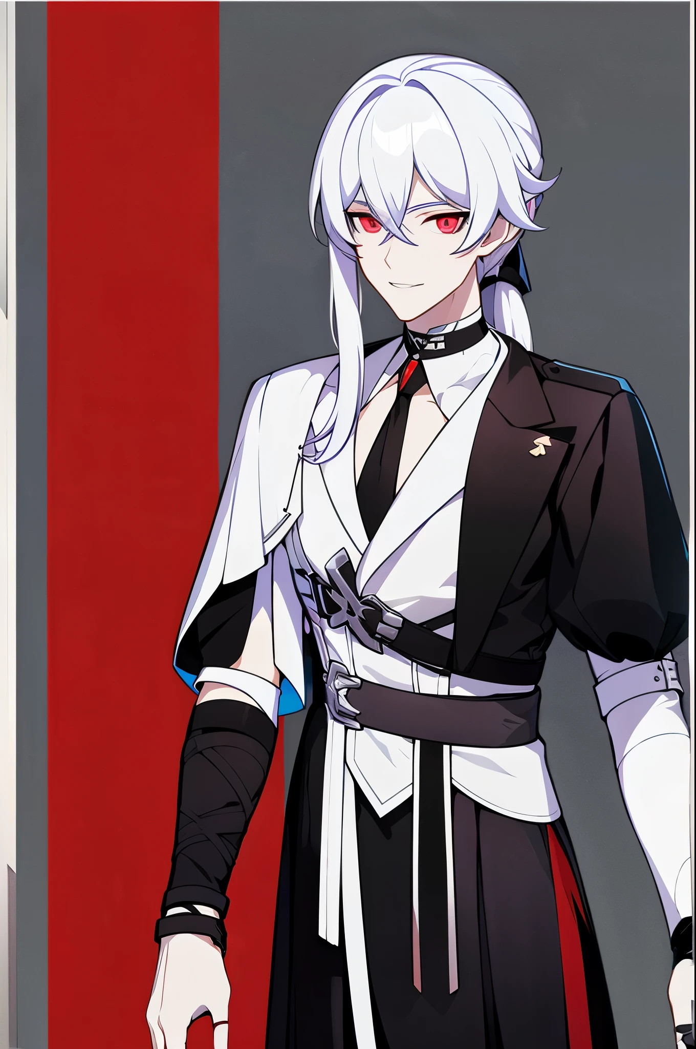 solo, 1 male, mature man, pale skin, long hair, white hair, ponytail, red eyes, black clothes, simple clothes, white bandages, black choker, fingerless gloves, glovelets, loking at viewer, grin, arms crossed
