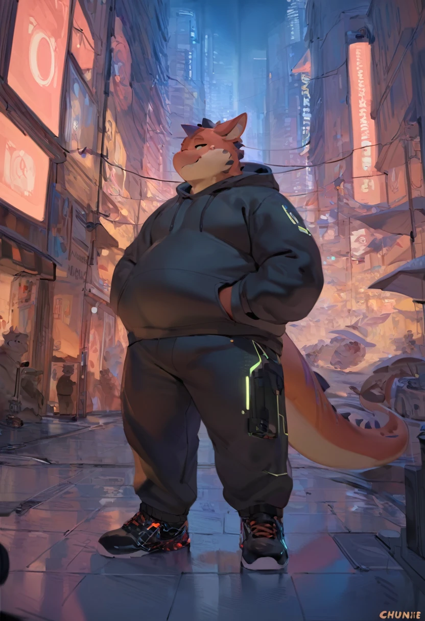 Dragon, male, adult, furry, anthro, fat, chubby, plump, cyberpunk fashion style, wearing black Hoodie, Long trousers, sneakers, out camera view, detailed background, colour full, In the middle of the city, Modern era, three point perspective, by quanjiang ,by chunie