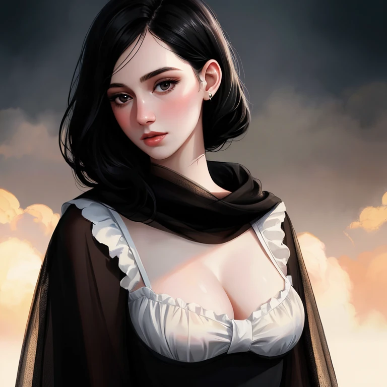 beautiful girl with realistic black eyes, pale skin, mid-length black hair, cum on perfect face, perfect eyes, wearing sheet sundress, highly detailed, comprehensive cinematic, digital painting, 8k, cinematic lighting, best quality, highres, detailed work, post-processing, perfect result, hyper realistic