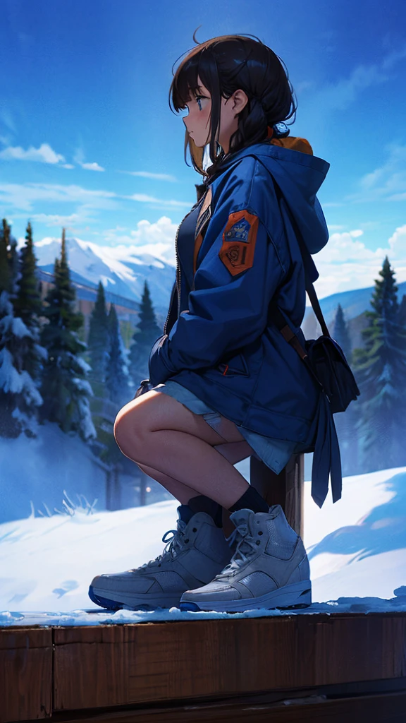 Masterpiece, intricately details,Best quality, 1girll, Solo, Bird, Hood, Sitting, Long hair, shoes, Jacket, blackfootwear, Hood down, animal on shoulder, whaite hair, Animal, blue jacket, Sneakers, sign, Cloud, bangs, Long sleeves, From the side Side, Hoodie, profile, Outdoors, bird on shoulder, sky, jaqueta com capuz