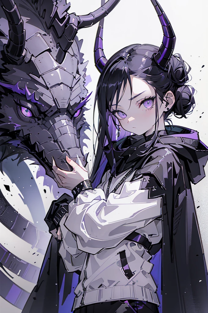 boy. thoughtful look. open forehead. black and purple hair tied in a bun on the left side to one side. sinuous black horns wrapped in dark purple ribbon. pale violet eyes. in short dark purple shorts. long white T-shirt. dark purple knee-high socks. dark purple long cloak with hood. view from the 100th floor of a cozy room in shades of gray, moon, starry sky