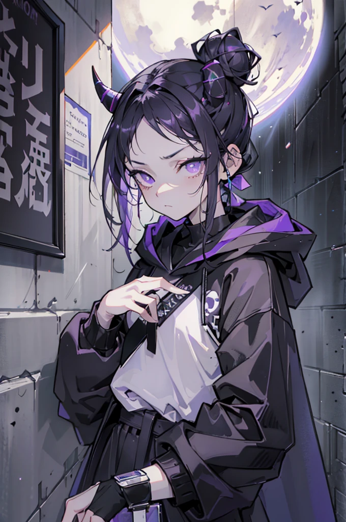 boy. thoughtful look. open forehead. black and purple hair tied in a bun on the left side to one side. sinuous black horns wrapped in dark purple ribbon. pale violet eyes. in short dark purple shorts. long white T-shirt. dark purple knee-high socks. dark purple long cloak with hood. view from the 100th floor of a cozy room in shades of gray, moon, starry sky