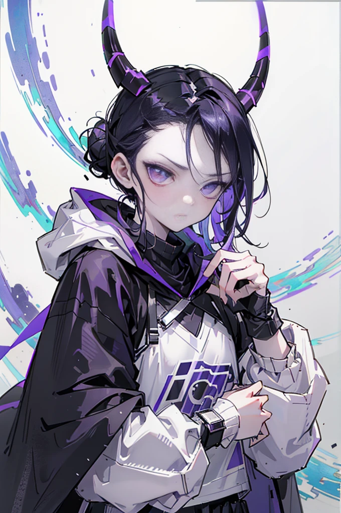 boy. thoughtful look. open forehead. black and purple hair tied in a bun on the left side to one side. sinuous black horns wrapped in dark purple ribbon. pale violet eyes. in short dark purple shorts. long white T-shirt. dark purple knee-high socks. dark purple long cloak with hood. view from the 100th floor of a cozy room in shades of gray, moon, starry sky