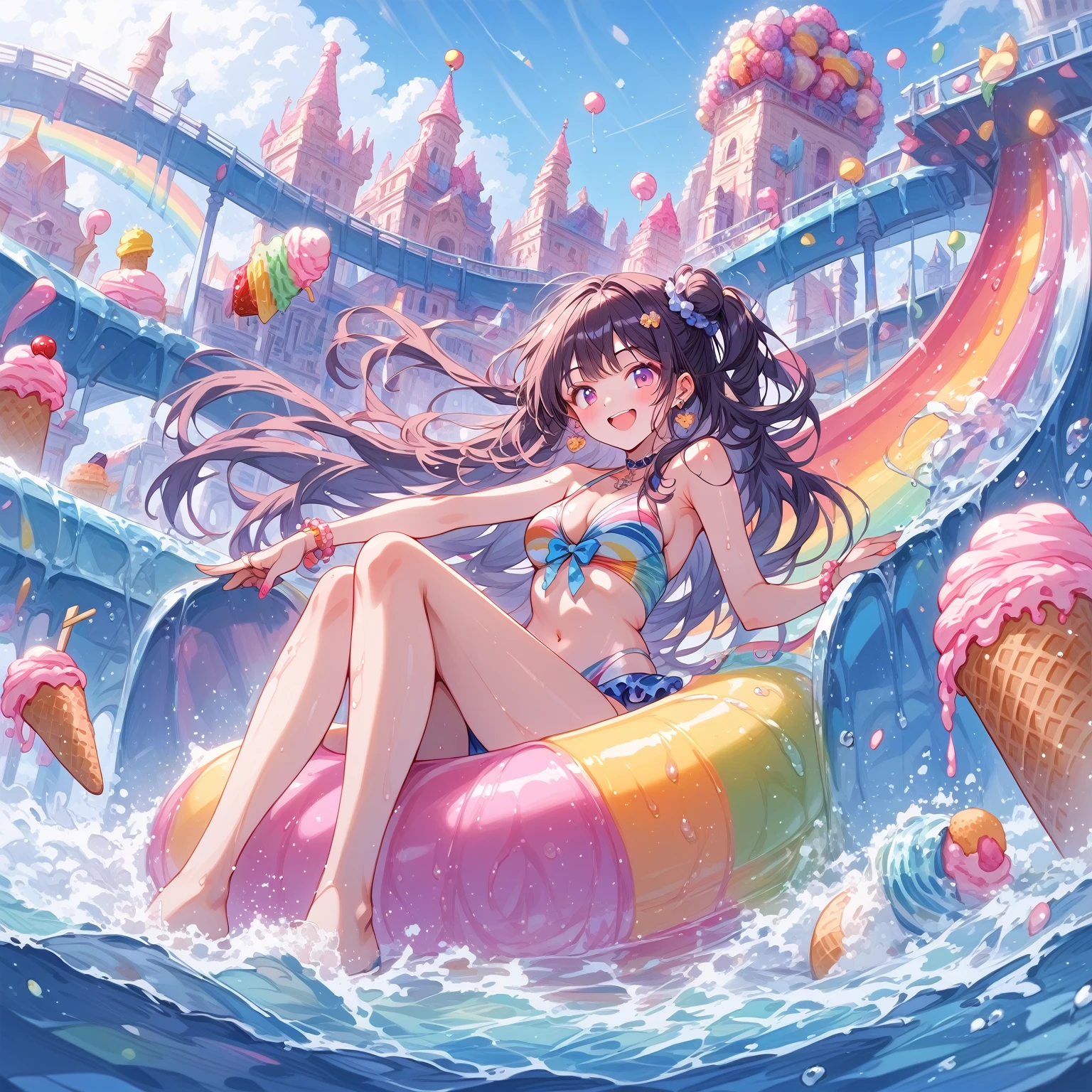 score_9, score_8_up, score_7_up, source_anime,masterpiece, best quality, high resolution, extremely detailed CG, absurdres, highres, 1girl,solo, blond, a dreamy water park, all the buildings are made of ice-cream, ice cream castle, colorful, girl in swimsuit is sliding down the water slide, happy, neondskdrmsxl, babycreamxl