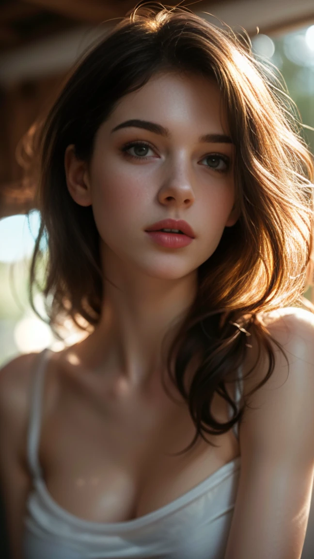 (((ultra realistic))) Photo, masterpiece, top quality, (pale skin), (Ultra detailed face and eyes:1.3), 1 girl, Adult, in a T-shirt, full body, (Eye makeup, mascara) , ((large detailed lips)), ((ash wavy hair)), ((Chyolka)) , (Natural breasts), Slim waist. ((Posing)), photoshoot, studio (soft lighting), (The play of light and shadows), depth of field, bokeh, (special attention to skin detail: 1.2), Detailed leather texture, skin pores. (Airy atmosphere of the frame. Color range - delicate, Bright, white, Pink tones), UDR, ((Film grain)), ((rays)), ((glare of the sun)), ((waist up portrait, close to the camera)) , ultra detialed, jennifer Chay