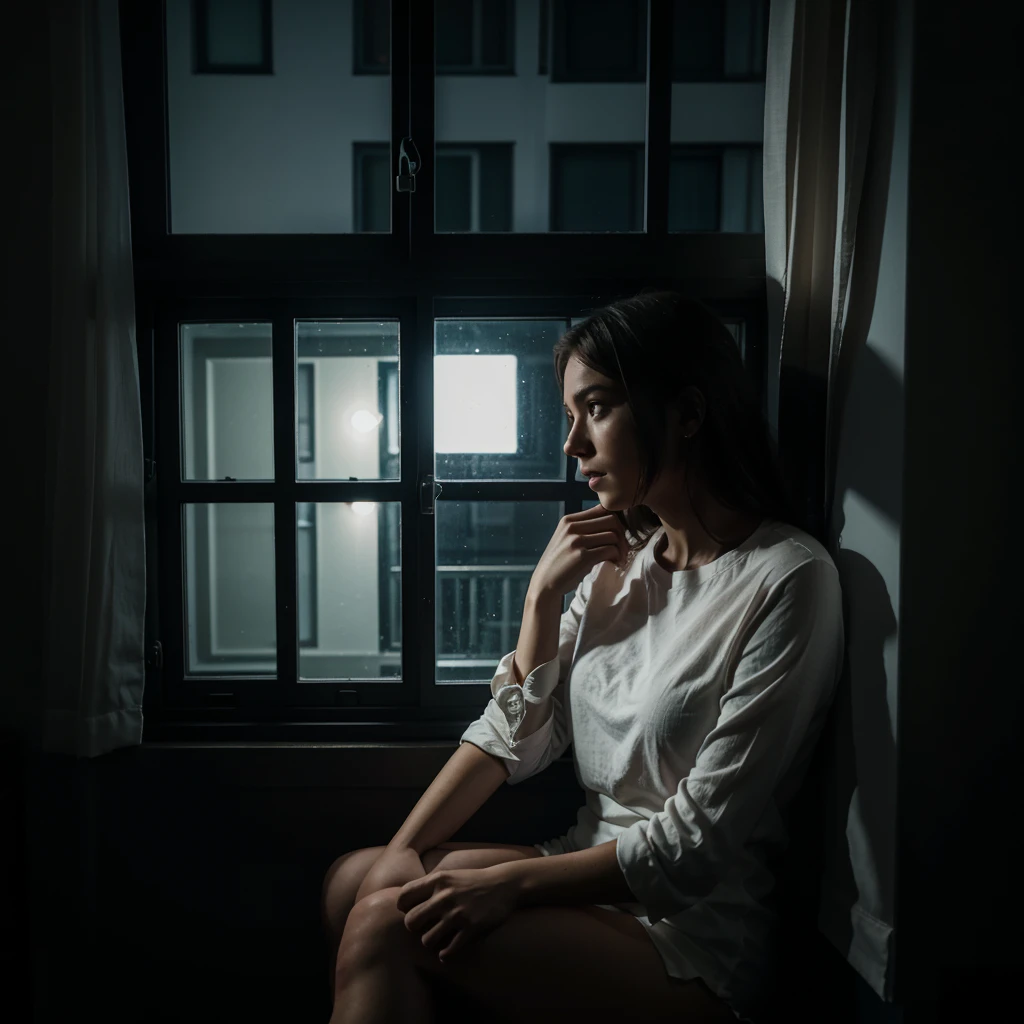 a woman sitting in window of an appartment on a very dark night, waits for her lover to return and she looks sadly
