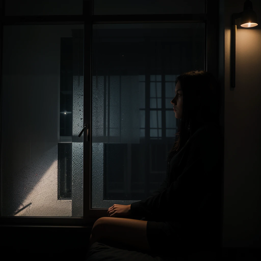 a woman sitting in window of an appartment on a very dark night, waits for her lover to return and she looks sadly