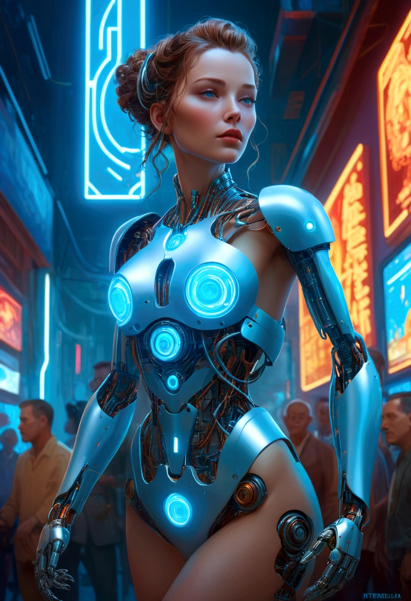 Magnificent artificial intelligence, beautiful woman with robotic body, hyper realistic, cinematic angle, blue neon blurred background, apparent circuits,  vibrant, detailed, zbrush, comic book illustration, trending on artstation. by peter mohrbacher, by wlop, by ruan jia, by alphonse mucha, by dmitry prozorov, by norman rockwell,