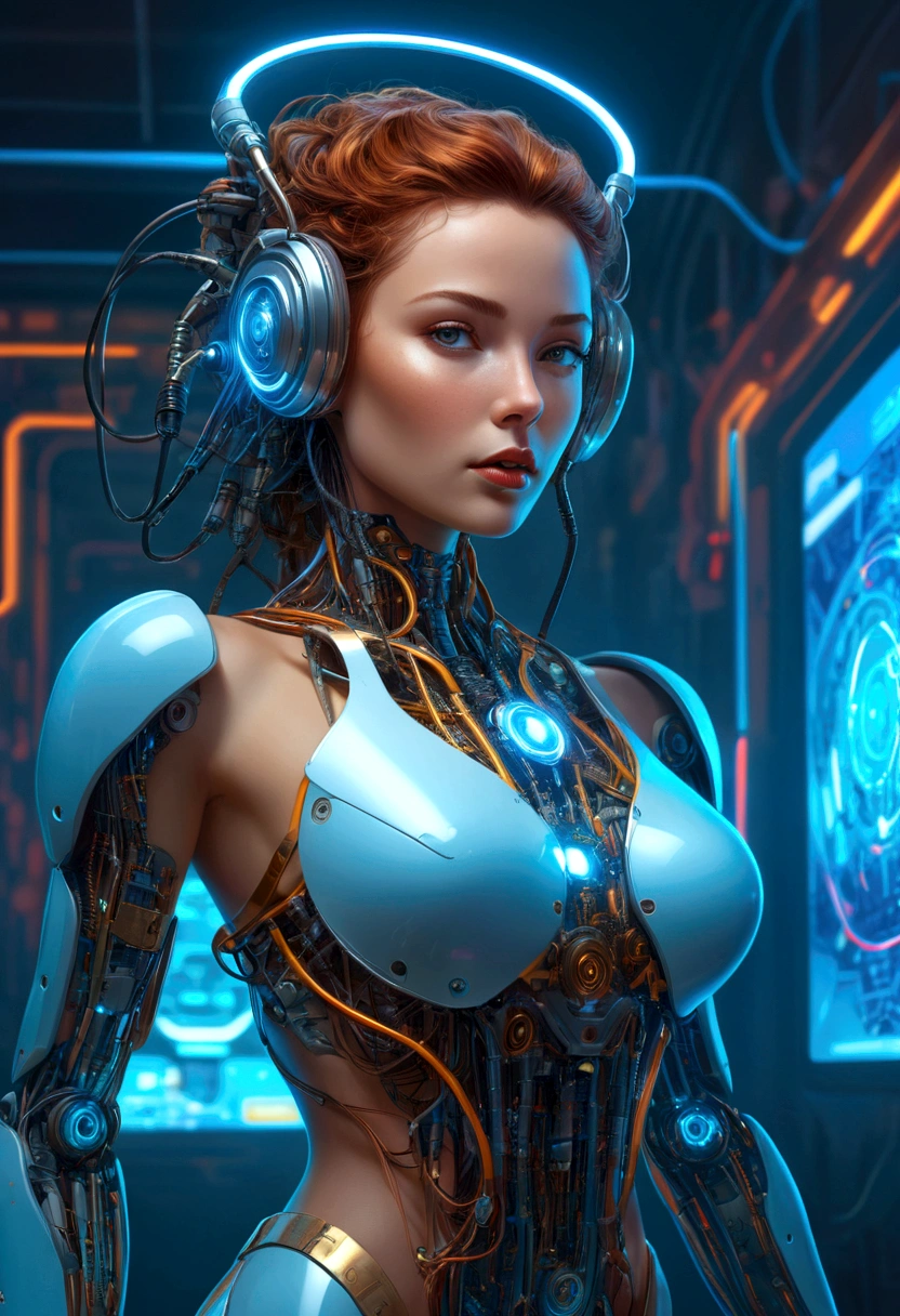 Magnificent artificial intelligence, beautiful woman with robotic body, hyper realistic, cinematic angle, blue neon blurred background, apparent circuits, vibrant, detailed, zbrush, comic book illustration, trending on artstation. by peter mohrbacher, by wlop, by ruan jia, by alphonse mucha, by dmitry prozorov, by norman rockwell,