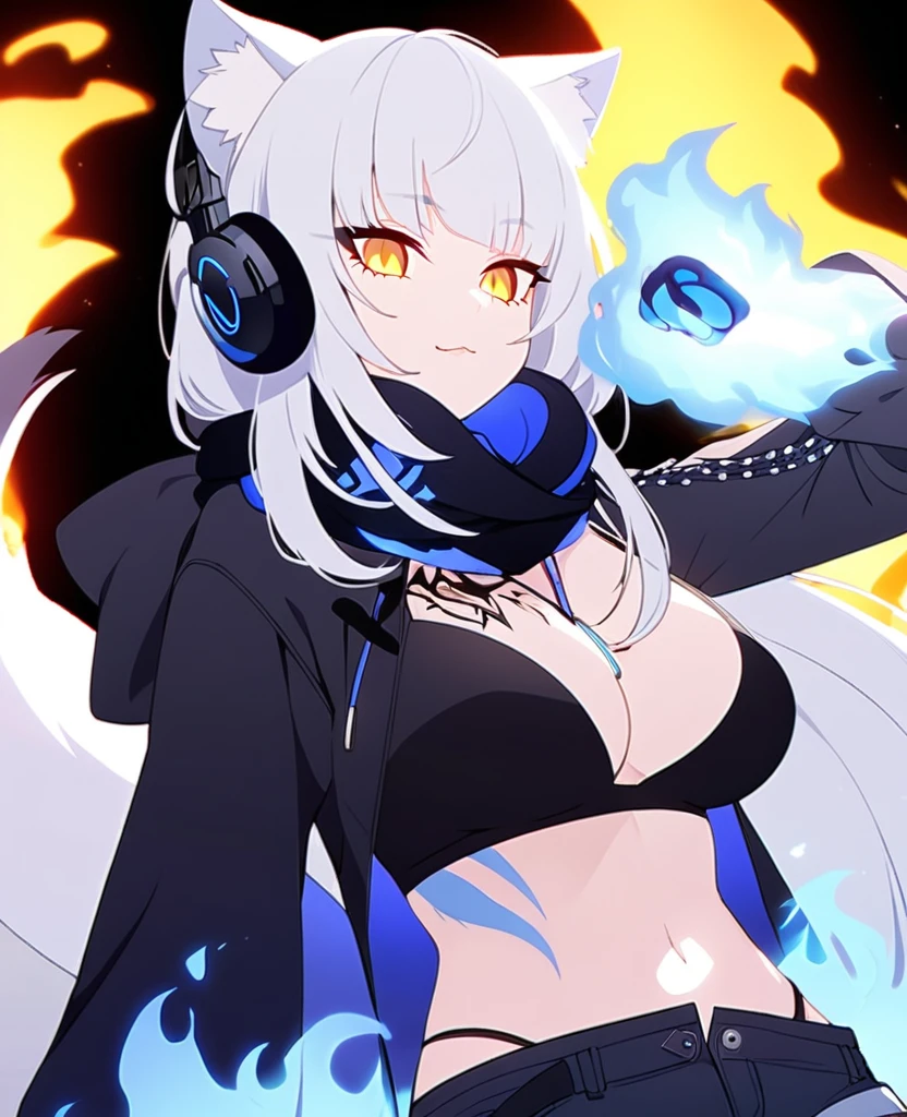 Make me a VTuber design. A girl with a mature body. {Long white hair that has blue fire on the tips of them.} {Cat ears with blue fire in the middle of them instead of fluff.} {A cat tail with blue fire at the end.} Yellow eyes with, scars on her body. {A goth/rockstar wearing shorts like outfit that’s blue and black with headphones that match, draped around her neck.} Fire tattoos. Blue fire cat DJ/Singer. One person only, {blue fire only}.