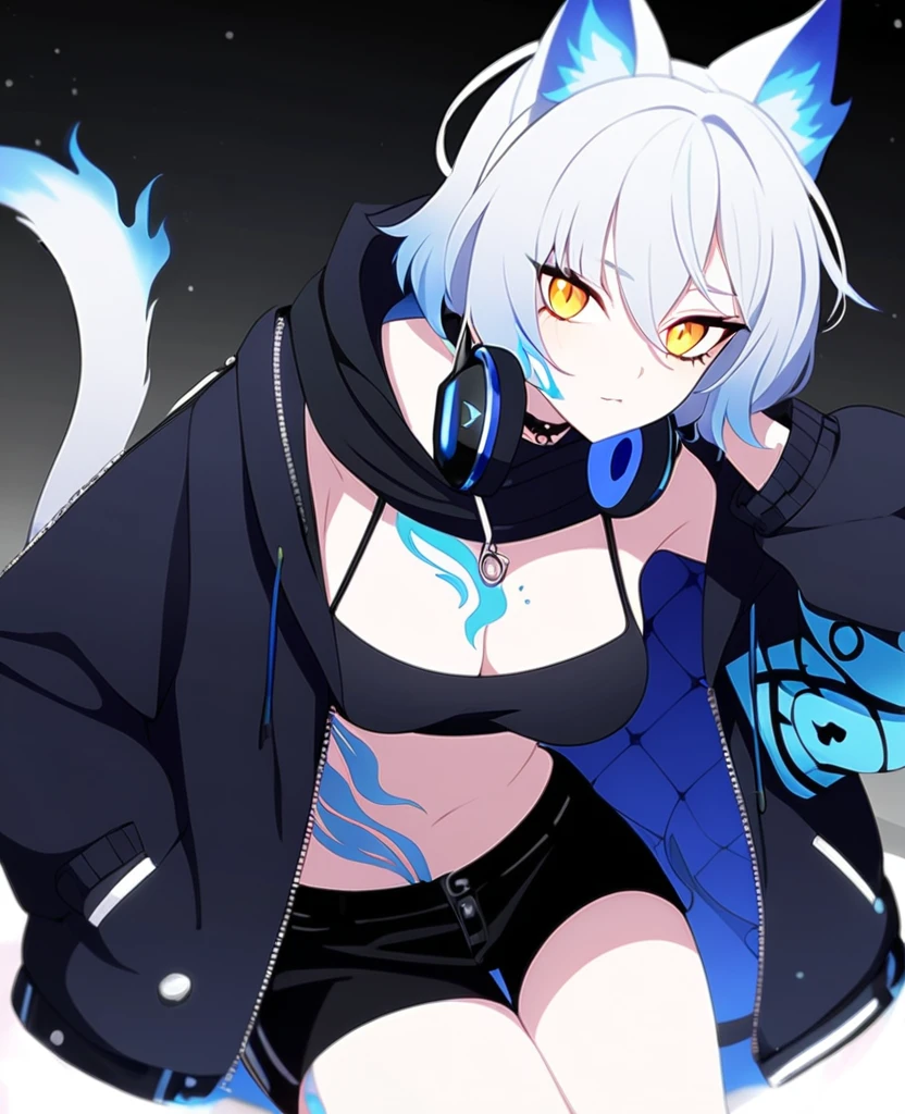 Make me a VTuber design. A girl with a mature body. {Long white hair that has blue fire on the tips of them.} {Cat ears with blue fire in the middle of them instead of fluff.} {A cat tail with blue fire at the end.} Yellow eyes with, scars on her body. {A goth/rockstar wearing shorts like outfit that’s blue and black with headphones that match, draped around her neck.} Fire tattoos. Blue fire cat DJ/Singer. One person only, {blue fire only}.