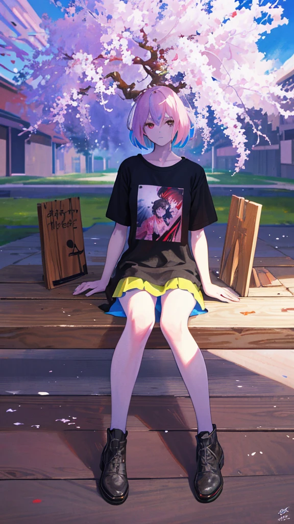 (shape: giant gram), (Flat Color:0.9),(colorful:1.1),(masterpiece:1,2), highest quality, masterpiece, High resolution, original, Highly detailed wallpaper, View your viewers,,,A Cyborg Girl,alone,Portraiture, T-Shirts, Mark Rothko & basquiat style background, oil, abstract expressionism, Expressionless,cherry blossoms,cherry blossomsの花,Cherry blossoms,Five fingers,Sitting