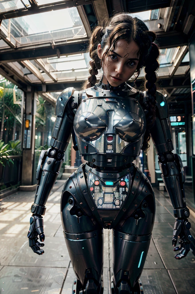 ((metal robot carries a naked woman in its arms)). The robot has a metal head with one central lenticular eye. The woman in the robot's arms is naked, has large breasts and long wet curly hair, and is hugging the robot. Rainforest in the background. unreal engine:1.4,Ultra-realistic CG K, photorealistic:1.4, skin texture:1.4, Masterpiece:1.4, robot carries a naked woman on arms, Beautiful woman with babydoll lingeries, topples, very large breasts, sweaty, pale skin, Dark curly hair, twin braids、Short yellow cyberpunk style clothing, pantimedias red , mini skirt blue, interior spacecraft