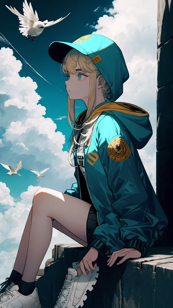 Masterpiece, intricately details,Best quality, 1girll, Solo, Bird, Hood, Sitting, Long hair, shoes, Jacket, blackfootwear, Hood down, animal on shoulder, whaite hair, Animal, blue jacket, Sneakers, sign, Cloud, bangs, Long sleeves, From the side Side, Hoodie, profile, Outdoors, bird on shoulder, sky, jaqueta com capuz