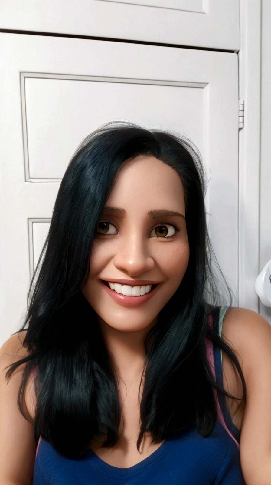 smiling woman with long black hair sitting in front of a door, profile image, 30 year old woman, 30 year old woman, 3 Brazilian mother of 5 years, about 3 5 years old, 30-year-old woman from cuba, with straight black hair, age 38, looks like fabiula natal, (age 38)