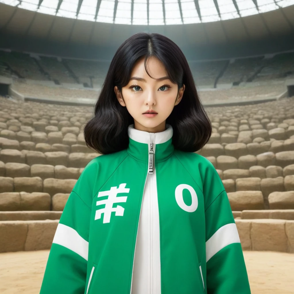 Hoyeon Jung, korean woman, 1 woman wearing green and white jacket, the number 067 on the top left of the jacket, netflix, squid game, Kang Sae-byeok, in a stone arena, front view