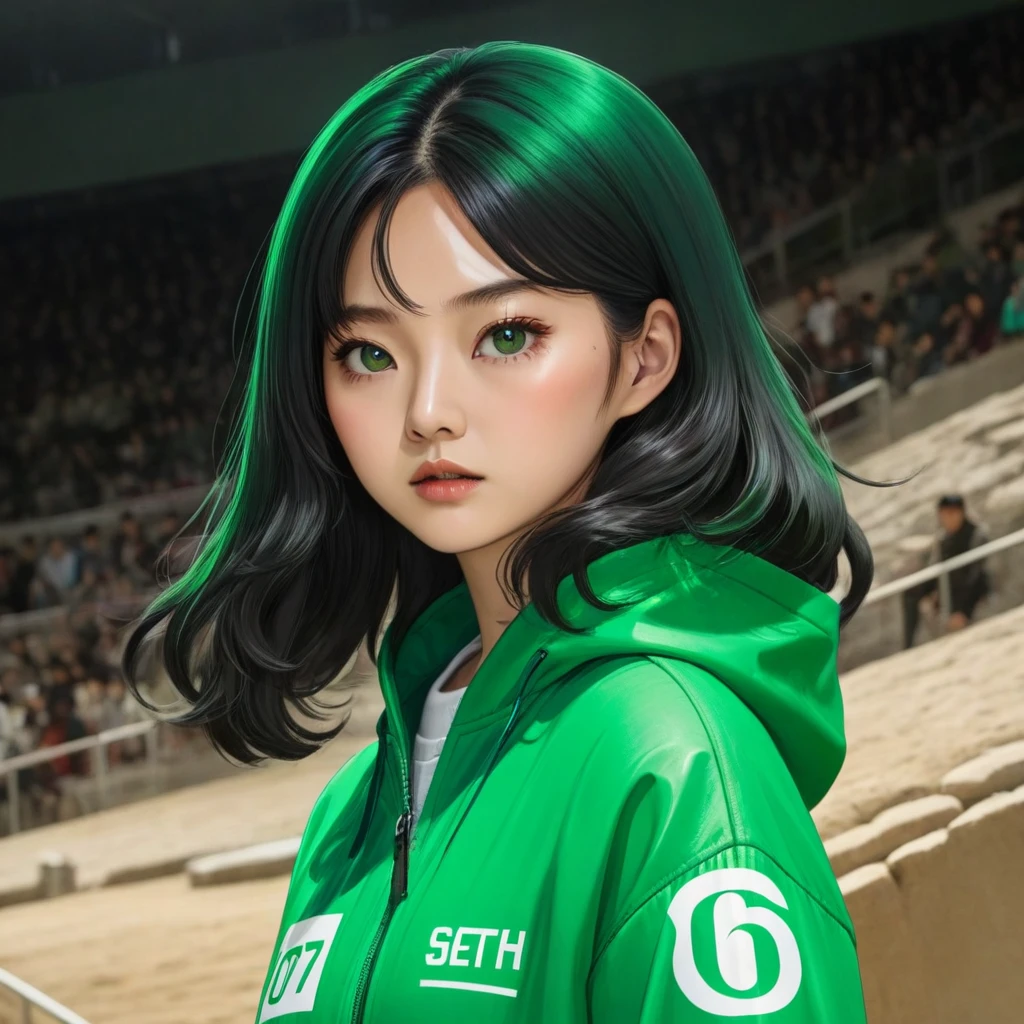 Hoyeon Jung, korean woman, 1 woman wearing green and white jacket, the number 067 on the top left of the jacket, netflix, squid game, Kang Sae-byeok, in a stone arena, front view
